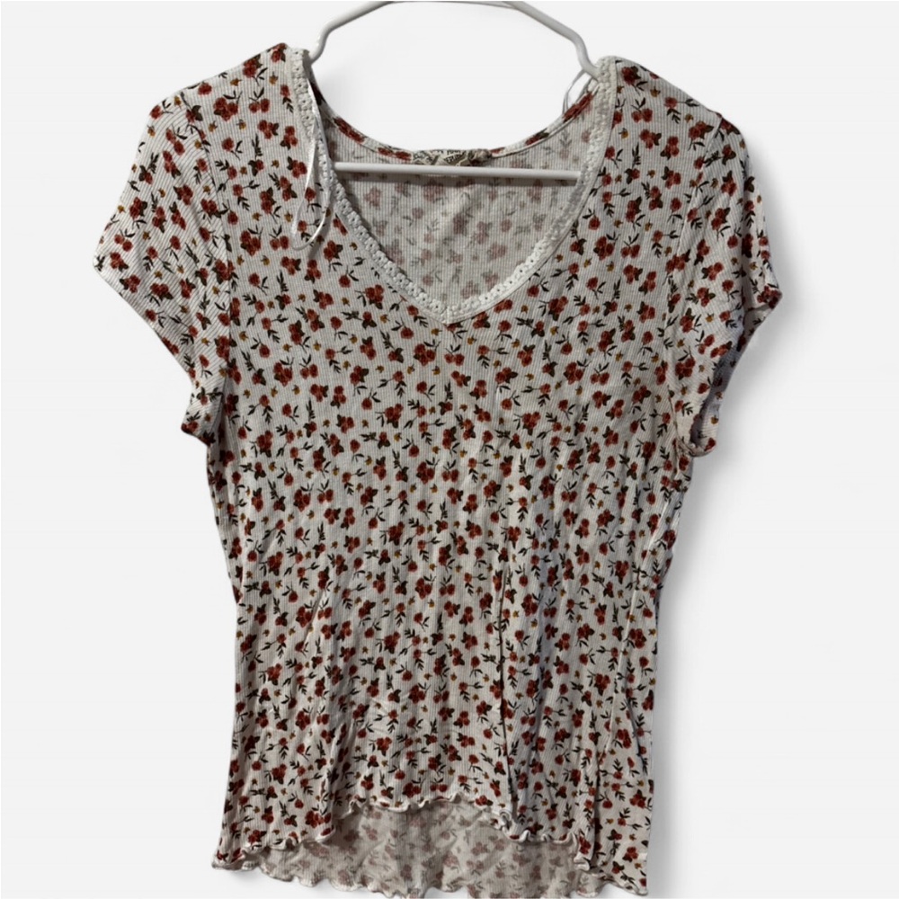 Floral Print V-Neck Women Top - White and Red